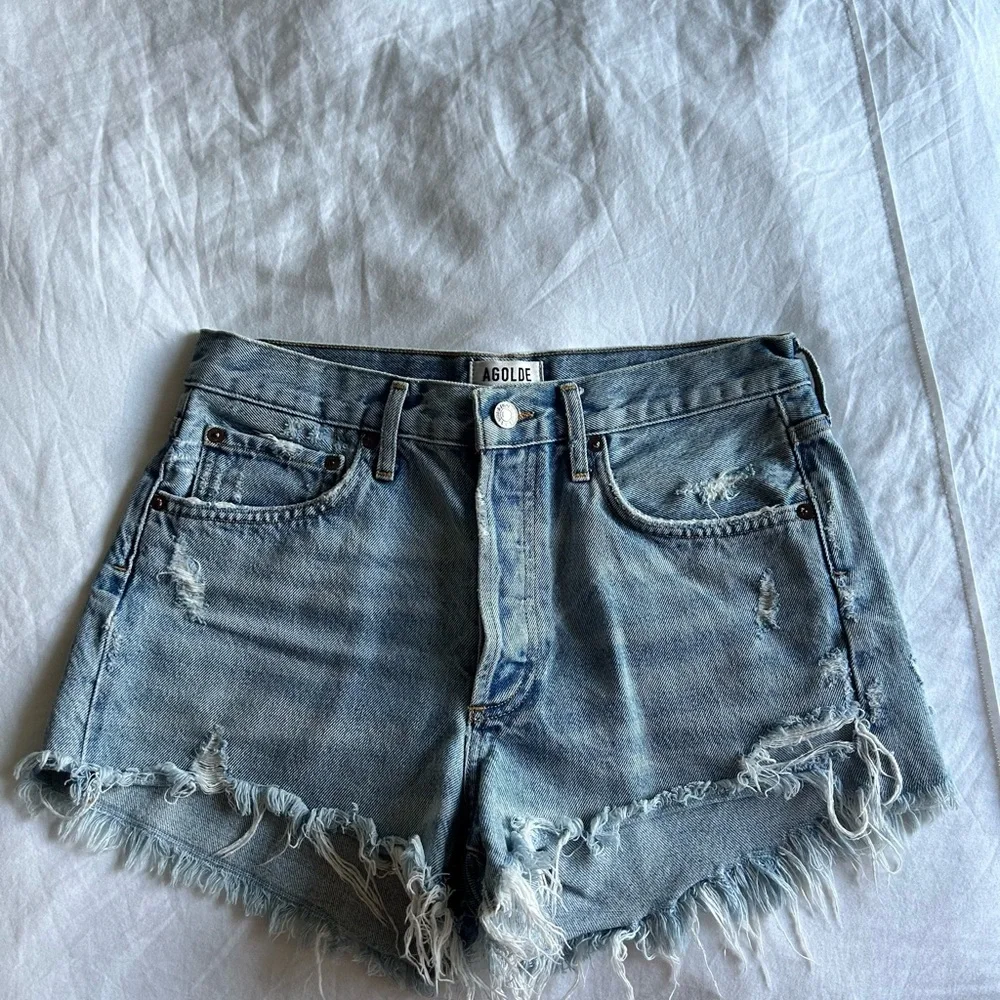 Agolde Women's Frayed Hem Jean Shorts - Light Blue - Picture 1 of 3